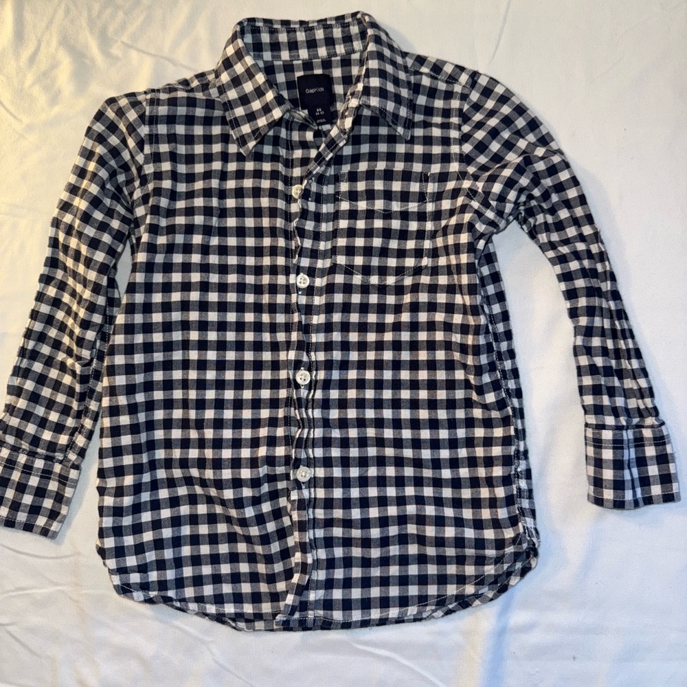 GAP Kids Navy and White Checkered Button Down Shirt, small